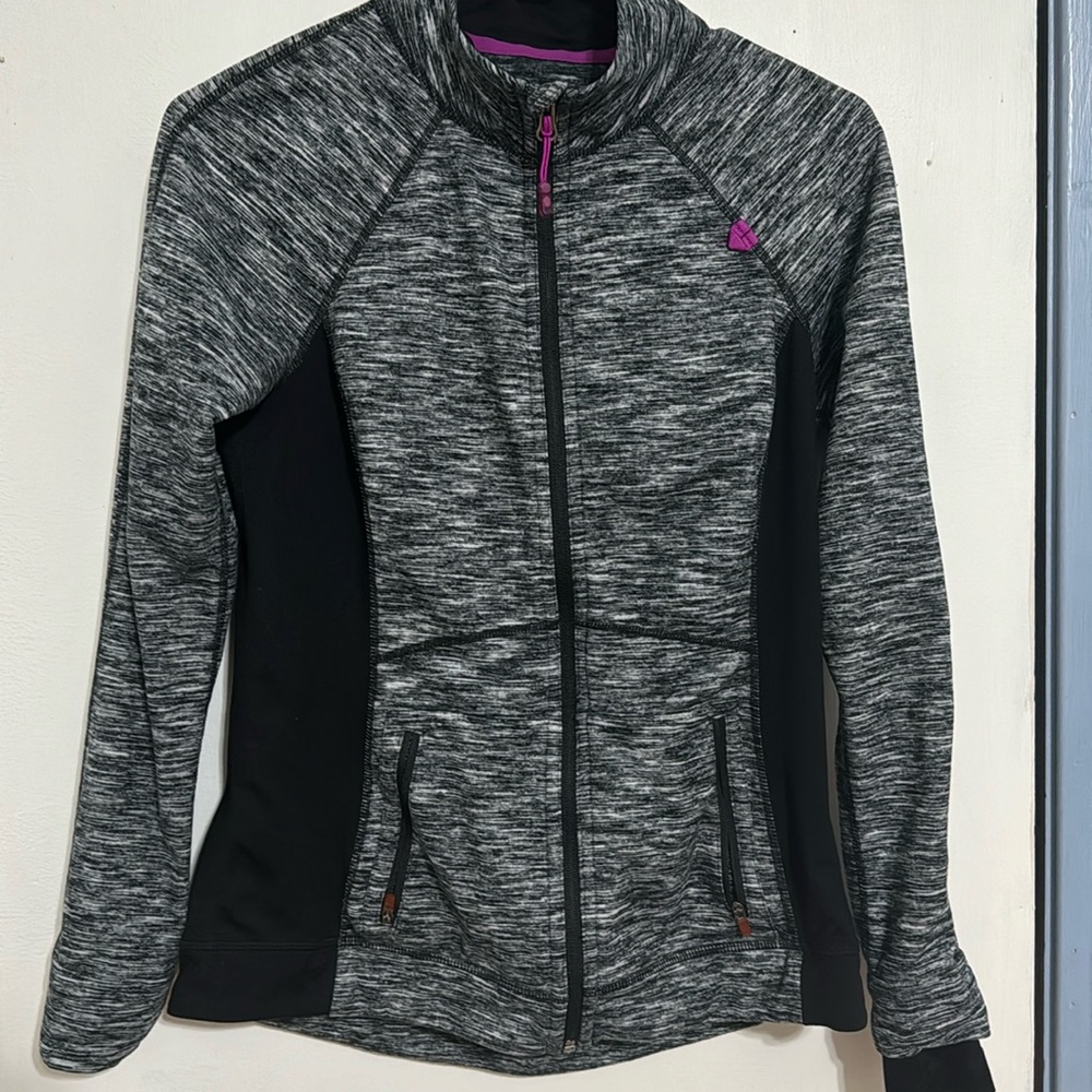 Black marbled Tangerine Activewear Full Zip Jacket with thumbholes.